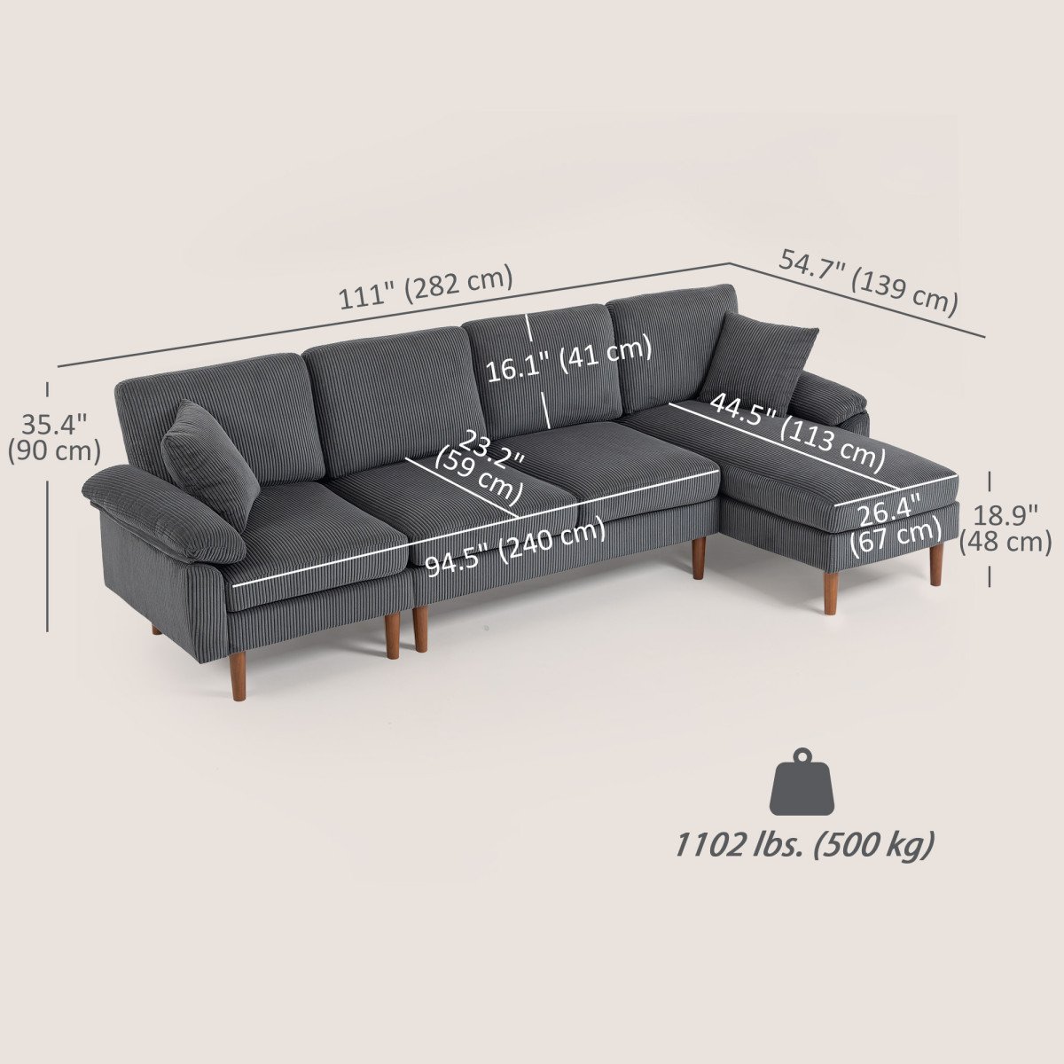 L-Shape Sofa with Changeable Chaise Lounge, 2 Pillows and Wooden Legs, Modern Sectional Couch for Living Room, Dark Grey
