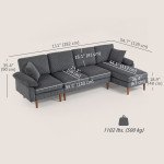 L-Shape Sofa with Changeable Chaise Lounge, 2 Pillows and Wooden Legs, Modern Sectional Couch for Living Room, Dark Grey