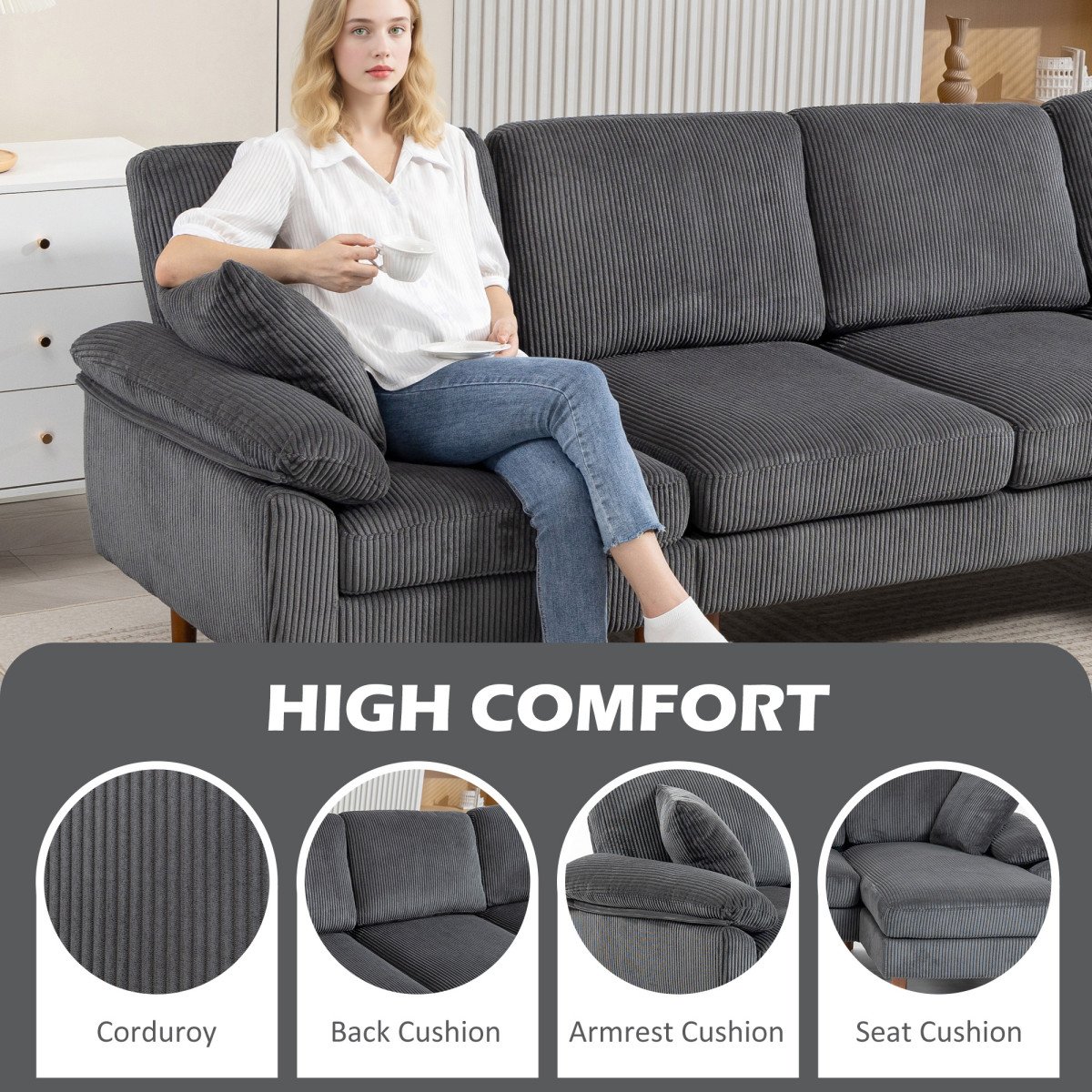 L-Shape Sofa with Changeable Chaise Lounge, 2 Pillows and Wooden Legs, Modern Sectional Couch for Living Room, Dark Grey