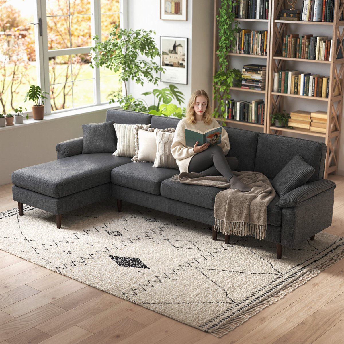 L-Shape Sofa with Changeable Chaise Lounge, 2 Pillows and Wooden Legs, Modern Sectional Couch for Living Room, Dark Grey