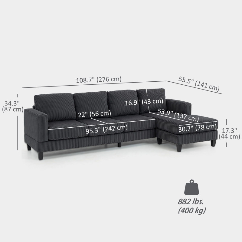 L Shaped Couch, L Shape Sofa with Chaise Lounge and Spring Cushion for Living Room, Bedroom, Charcoal Grey