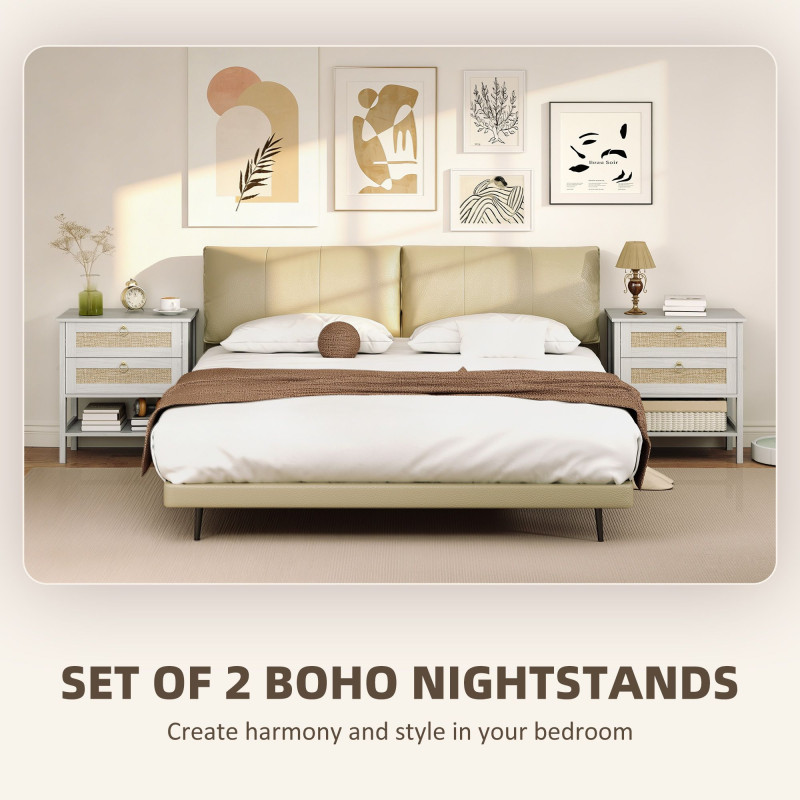 Set of 2 Boho Bedside Tables, Rattan Nightstands with 2 Drawers, Storage Shelf, End Side Tables for Bedroom, White Oak