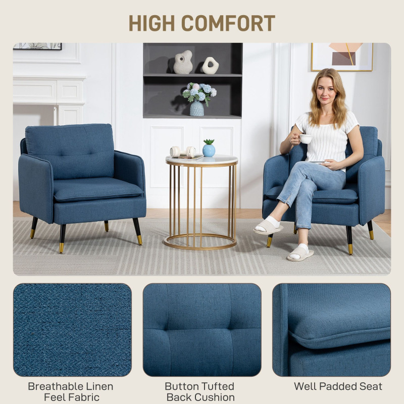 Accent Chairs Set of 2, Upholstered Armchairs with Tufted Back Cushion and Steel Legs for Living Room, Bedroom