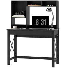 Computer Desk with Hutch, Home Office Table with Storage Shelves and Open Compartments for Writing, Work, Black