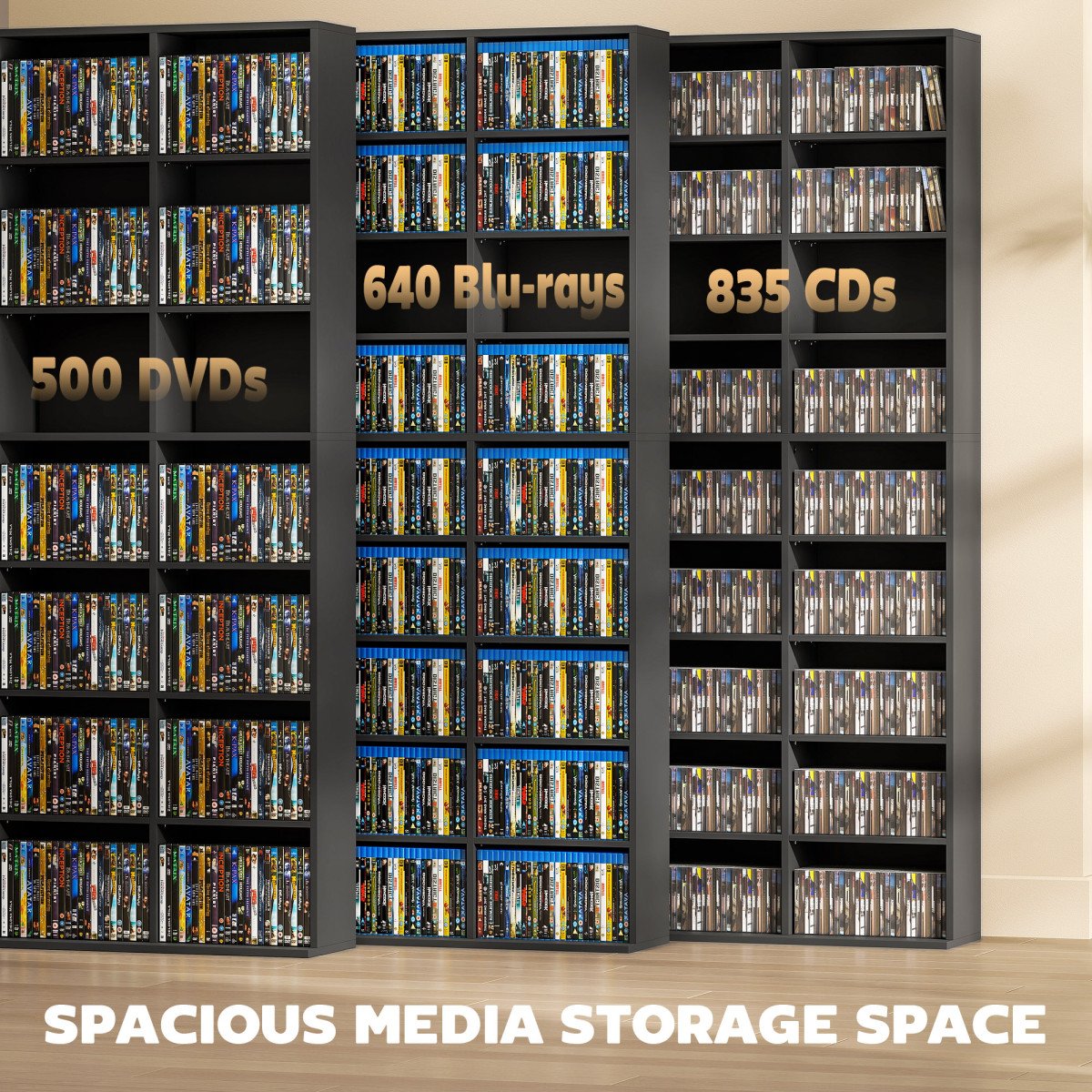 Media Storage Cabinet, 9-Tier DVD Shelf with 21 Adjustable Shelves, Holds 835 CDs, 500 DVDs or 640 Blu-rays, Black