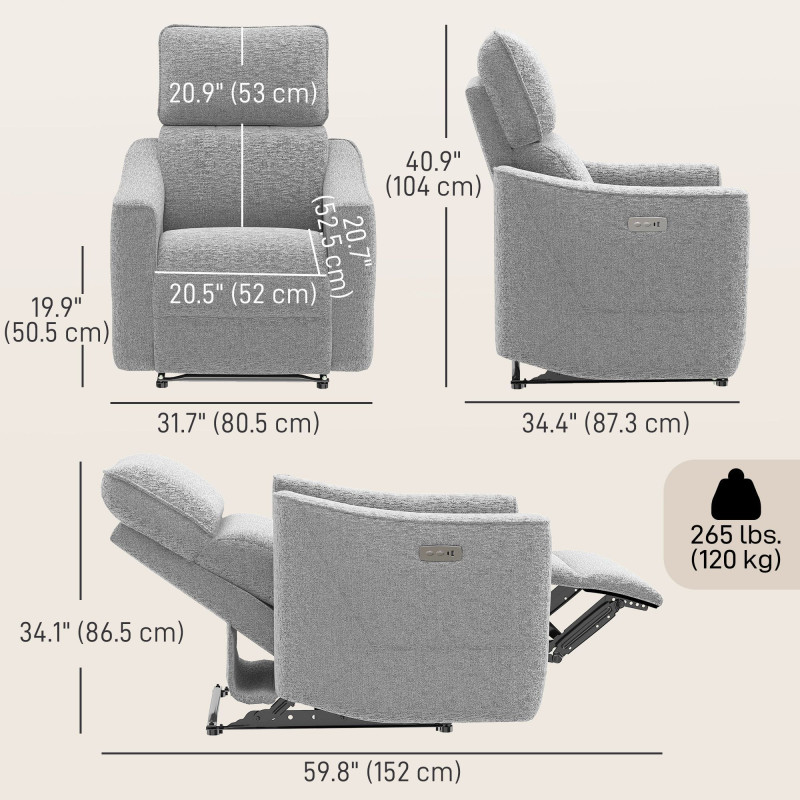 Power Recliner Chair, Linen-look Fabric Upholstered Recliner Chair with USB Ports, Footrest, Grey