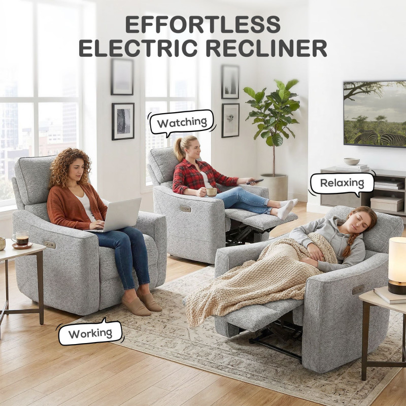 Power Recliner Chair, Linen-look Fabric Upholstered Recliner Chair with USB Ports, Footrest, Grey