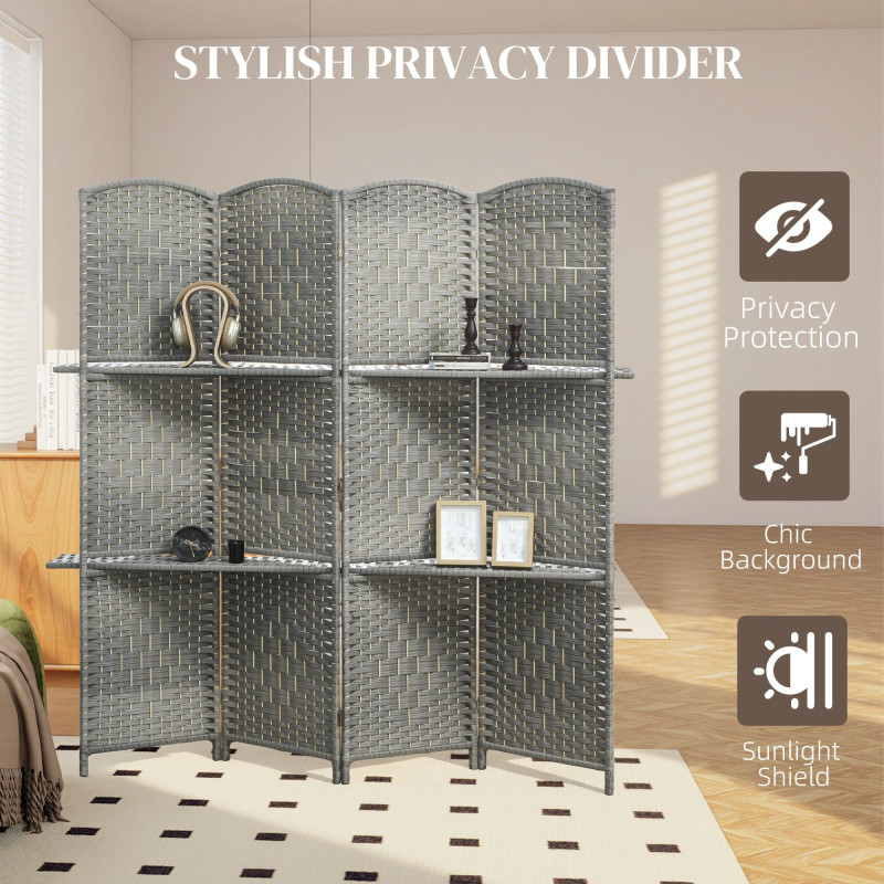 6 FT Privacy Screen, 4 Panel Room Divider with Shelves for Living Room Bedroom Home Office, Grey