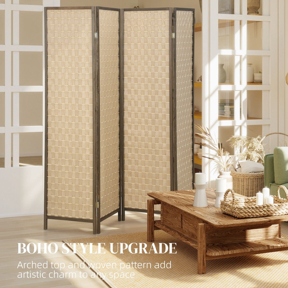 6 FT Room Divider, 4 Panel Folding Privacy Screen, Lightweight Handwoven Freestanding Partition for Home Office, Brown