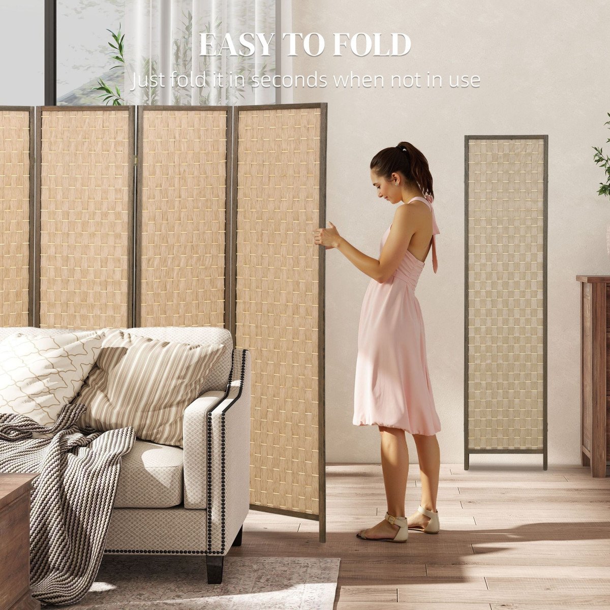 6 FT Room Divider, 4 Panel Folding Privacy Screen, Lightweight Handwoven Freestanding Partition for Home Office, Brown