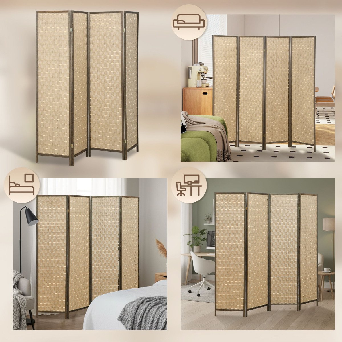 6 FT Room Divider, 4 Panel Folding Privacy Screen, Lightweight Handwoven Freestanding Partition for Home Office, Brown