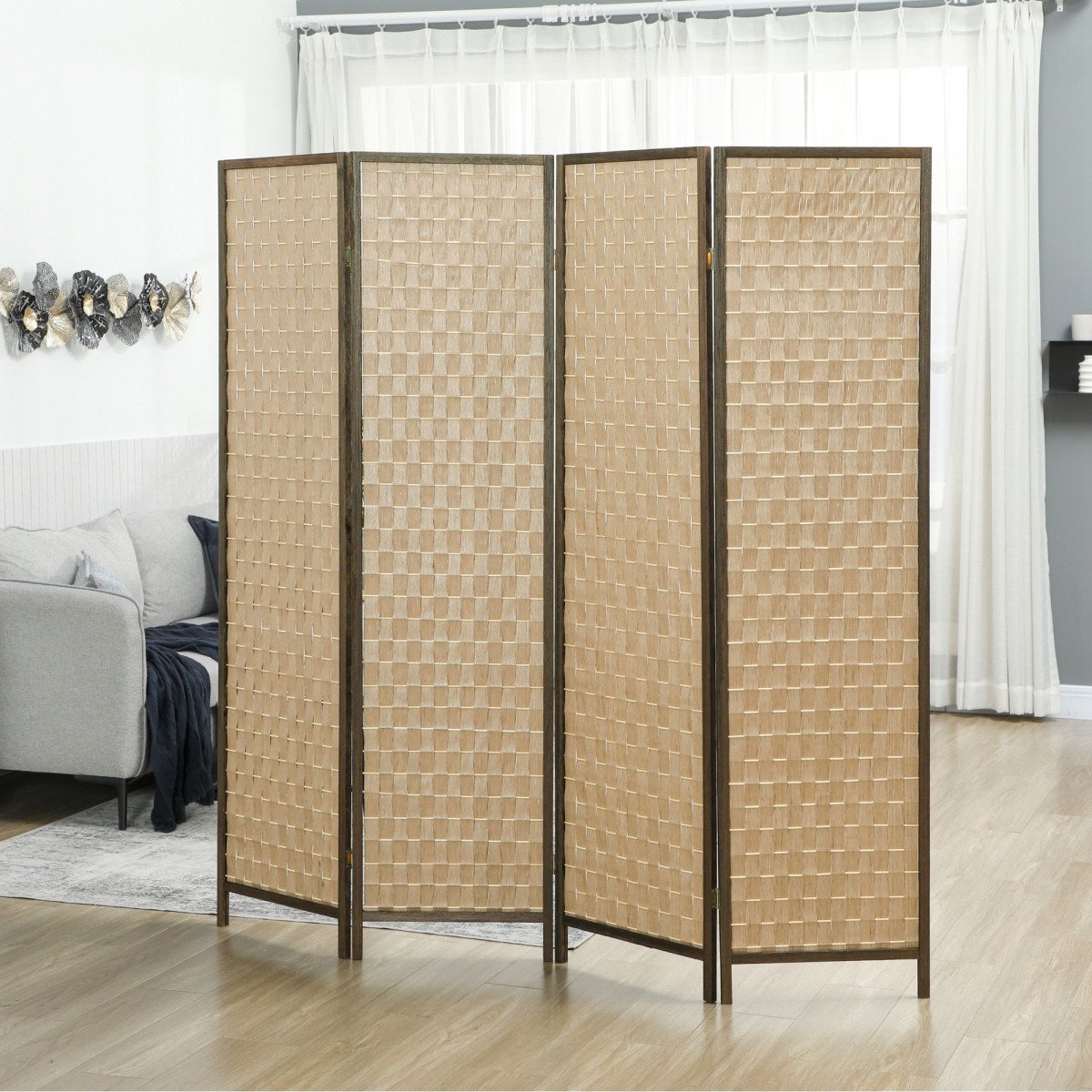 6 FT Room Divider, 4 Panel Folding Privacy Screen, Lightweight Handwoven Freestanding Partition for Home Office, Brown
