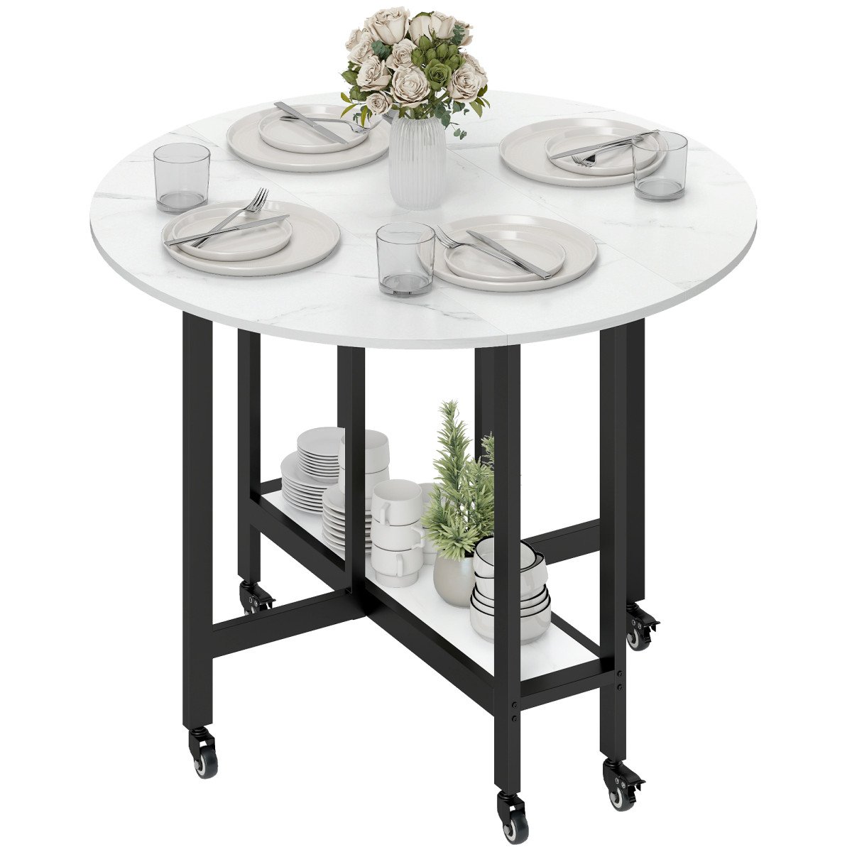 Folding Dining Table, Drop Leaf Table with Open Shelf, Rolling Kitchen Table for Dining Room, Small Spaces, White Marble