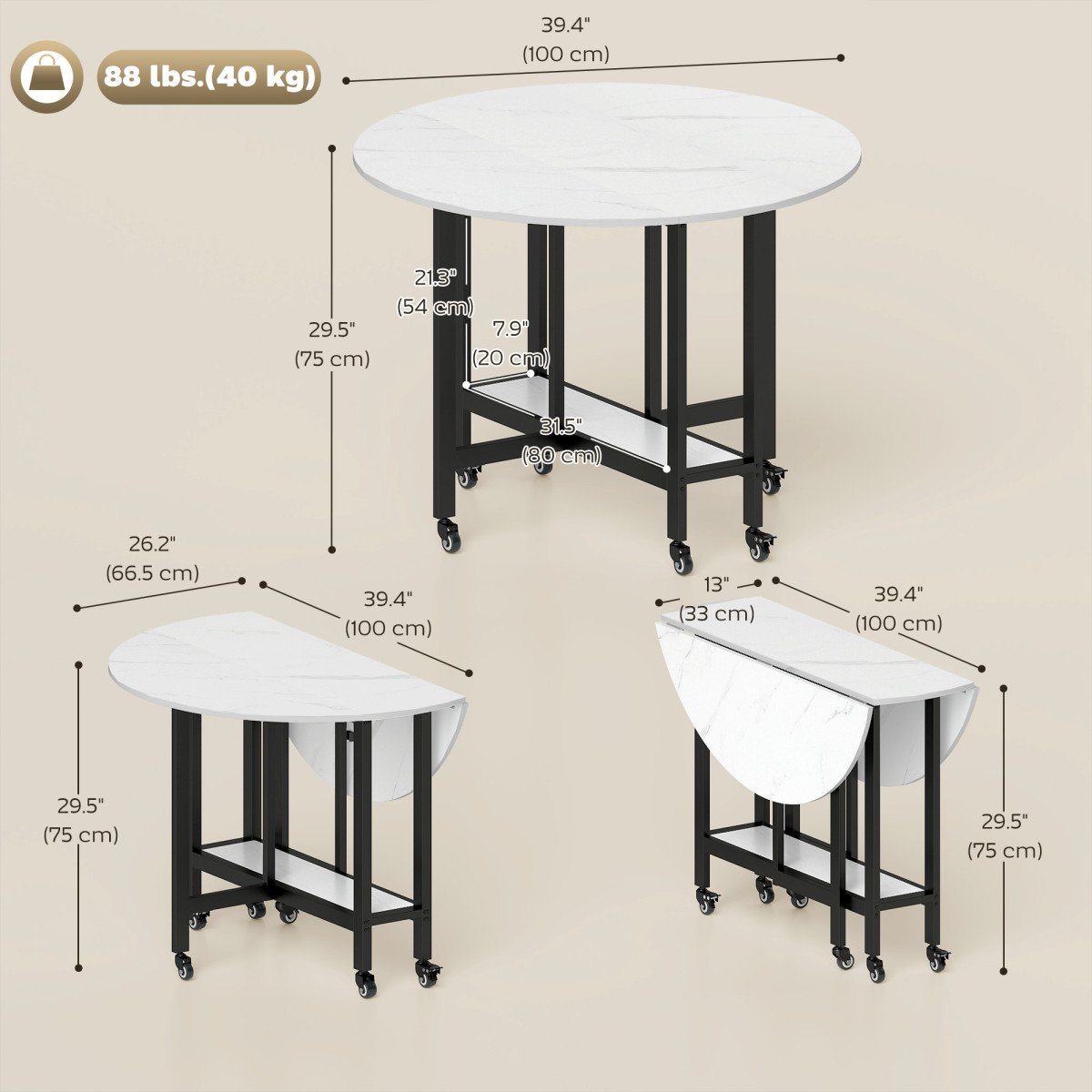 Folding Dining Table, Drop Leaf Table with Open Shelf, Rolling Kitchen Table for Dining Room, Small Spaces, White Marble