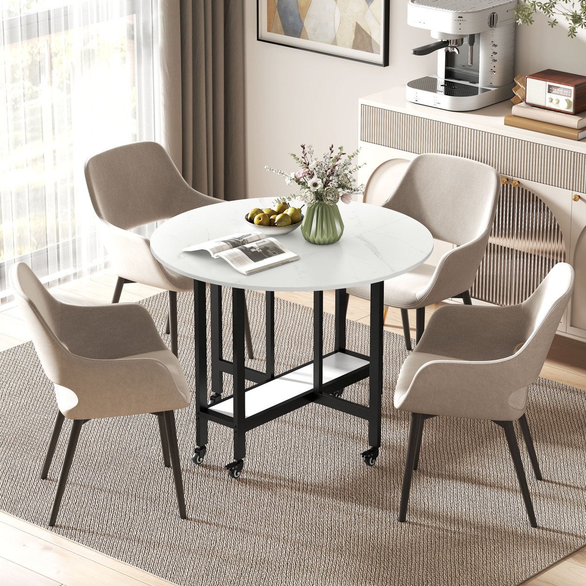 Folding Dining Table, Drop Leaf Table with Open Shelf, Rolling Kitchen Table for Dining Room, Small Spaces, White Marble