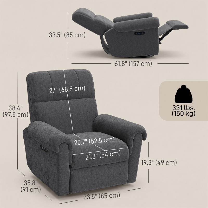 Power Recliner Chair, Fabric Upholstered Recliner Chair with USB Ports, Swivel and Rocking Function, Footrest, Dark Grey