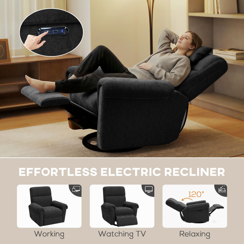 Power Recliner Chair, Fabric Upholstered Recliner Chair with USB Ports, Swivel and Rocking Function, Footrest, Black