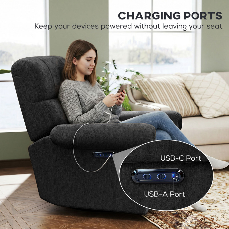 Power Recliner Chair, Fabric Upholstered Recliner Chair with USB Ports, Swivel and Rocking Function, Footrest, Black