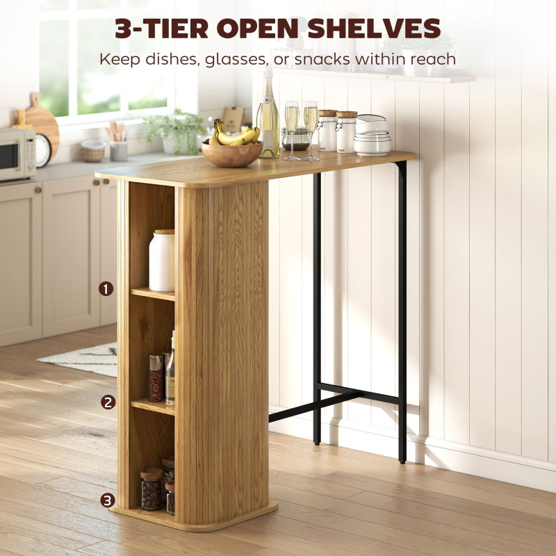 Tambour Bar Height Table with 3 Storage Shelves Rectangular Bar Table with Metal Frame for Kitchen Dining Room Natural