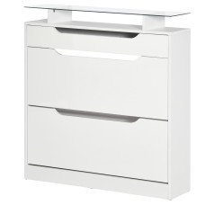 High Gloss Shoe Cabinet with 2 Flip Drawers and Adjustable Shelves, Narrow Shoe Storage Cabinet with Glass Top, White