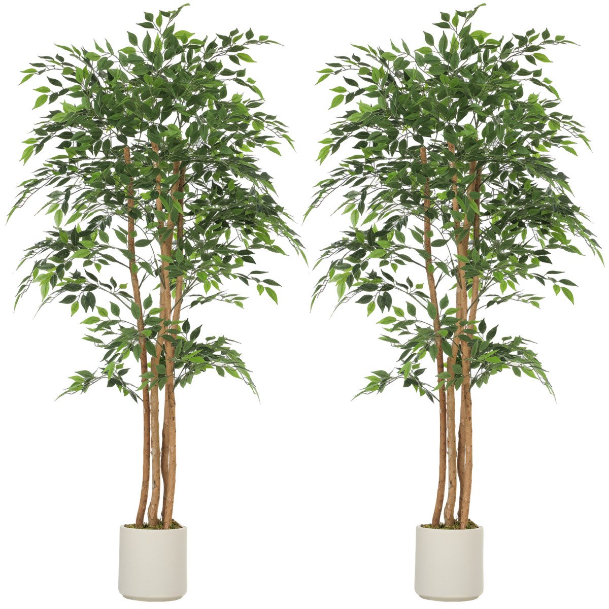 6FT Artificial Banyan Tree Set of 2, Fake Potted Tree with Solid Wood Trunk and Pot for Indoor