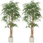 6FT Artificial Banyan Tree Set of 2, Fake Potted Tree with Solid Wood Trunk and Pot for Indoor