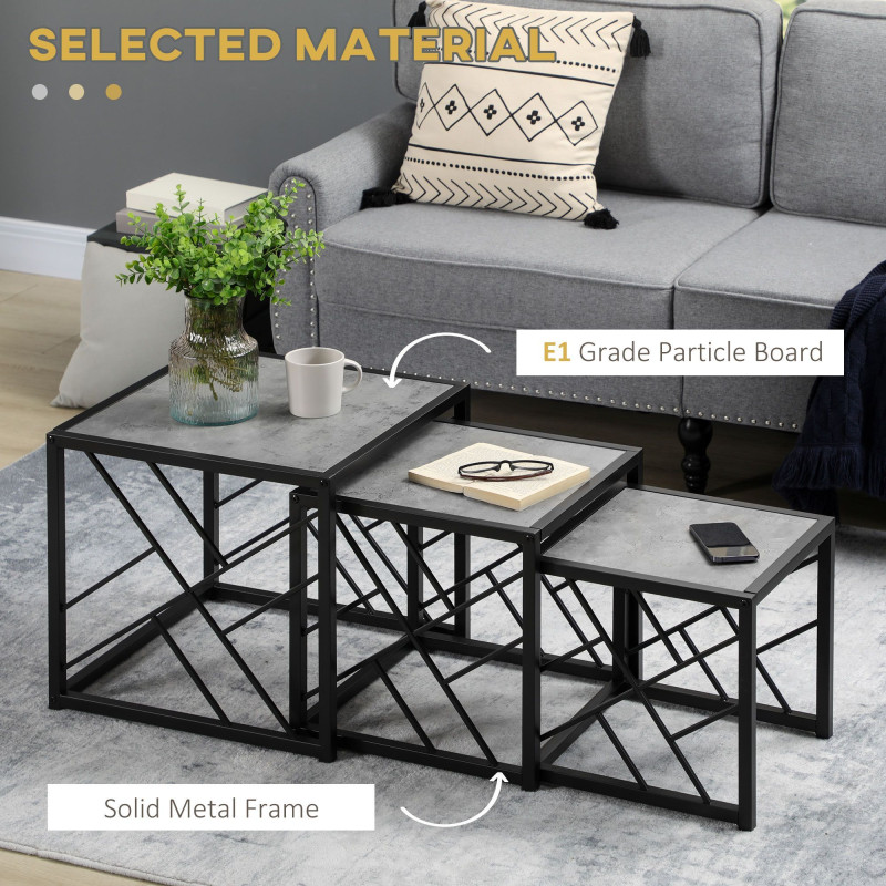 Nest of Tables Set of 3, Square Coffee Table Set with Metal Frame for Living Room, Bedroom, Grey