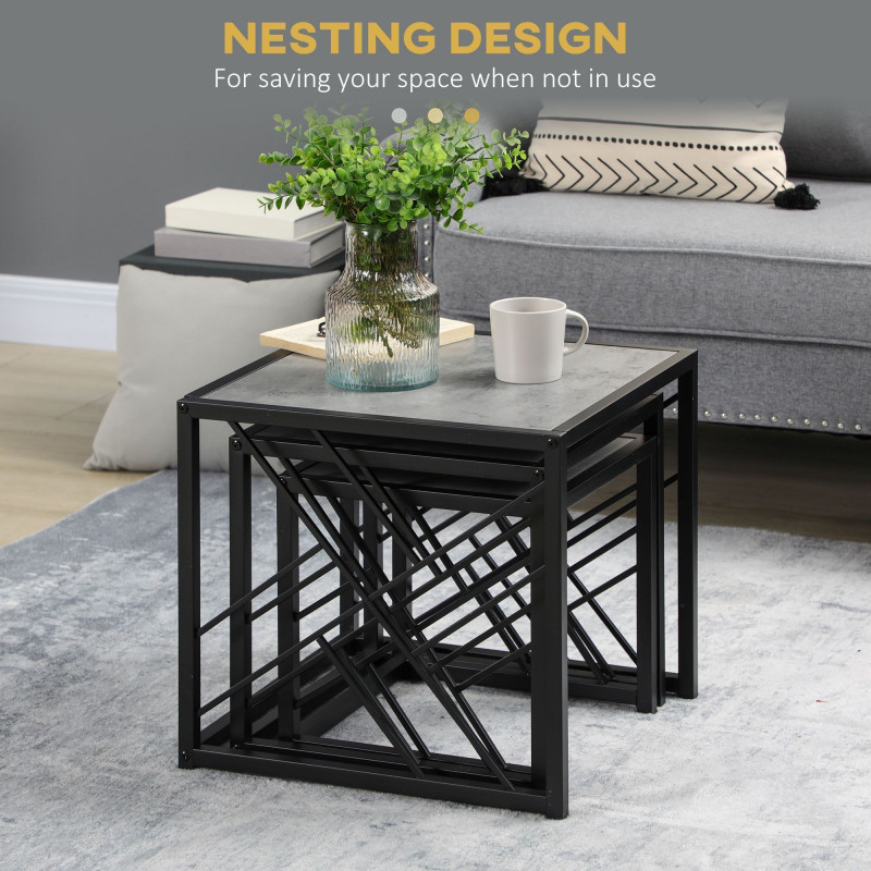 Nest of Tables Set of 3, Square Coffee Table Set with Metal Frame for Living Room, Bedroom, Grey
