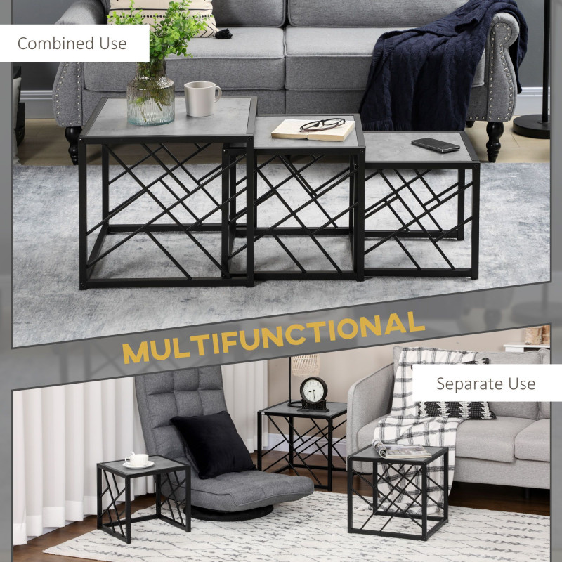 Nest of Tables Set of 3, Square Coffee Table Set with Metal Frame for Living Room, Bedroom, Grey