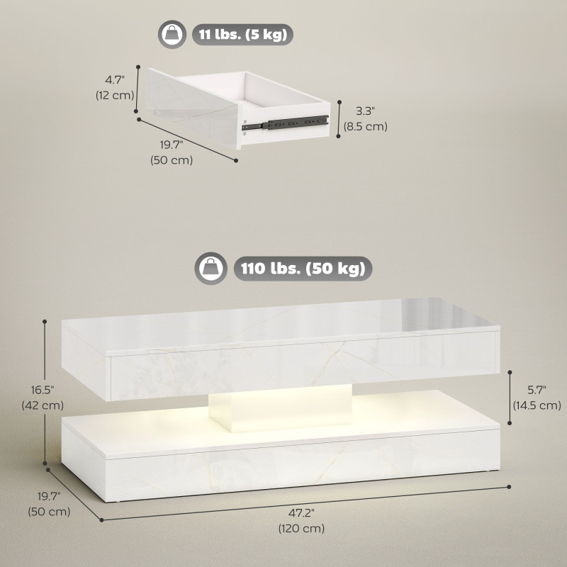 Coffee Table with Adjustable LED Lights, Center Table with 2 Drawers, Open Shelf, Remote, High Gloss Marble-Effect White