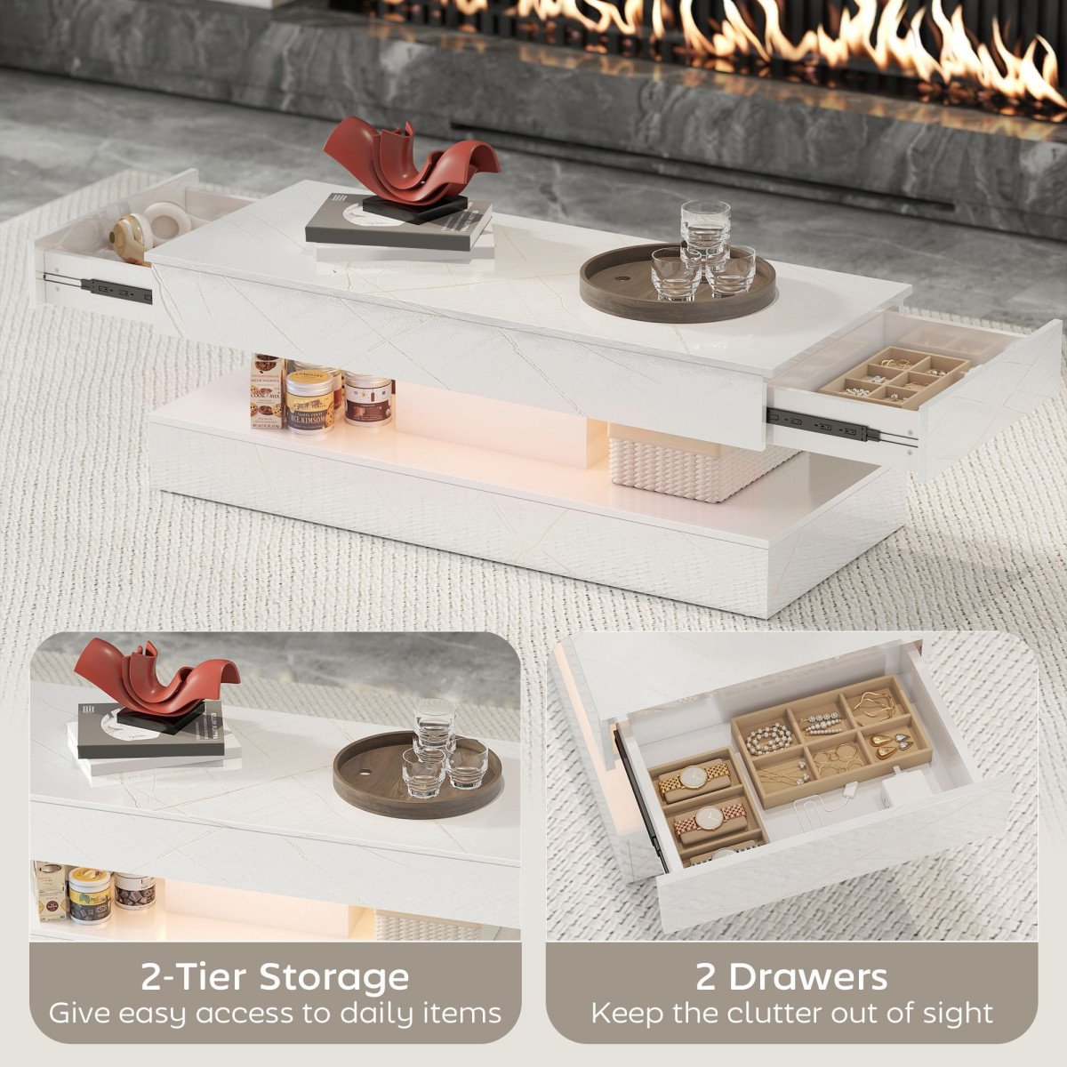 Coffee Table with Adjustable LED Lights, Center Table with 2 Drawers, Open Shelf, Remote, High Gloss Marble-Effect White