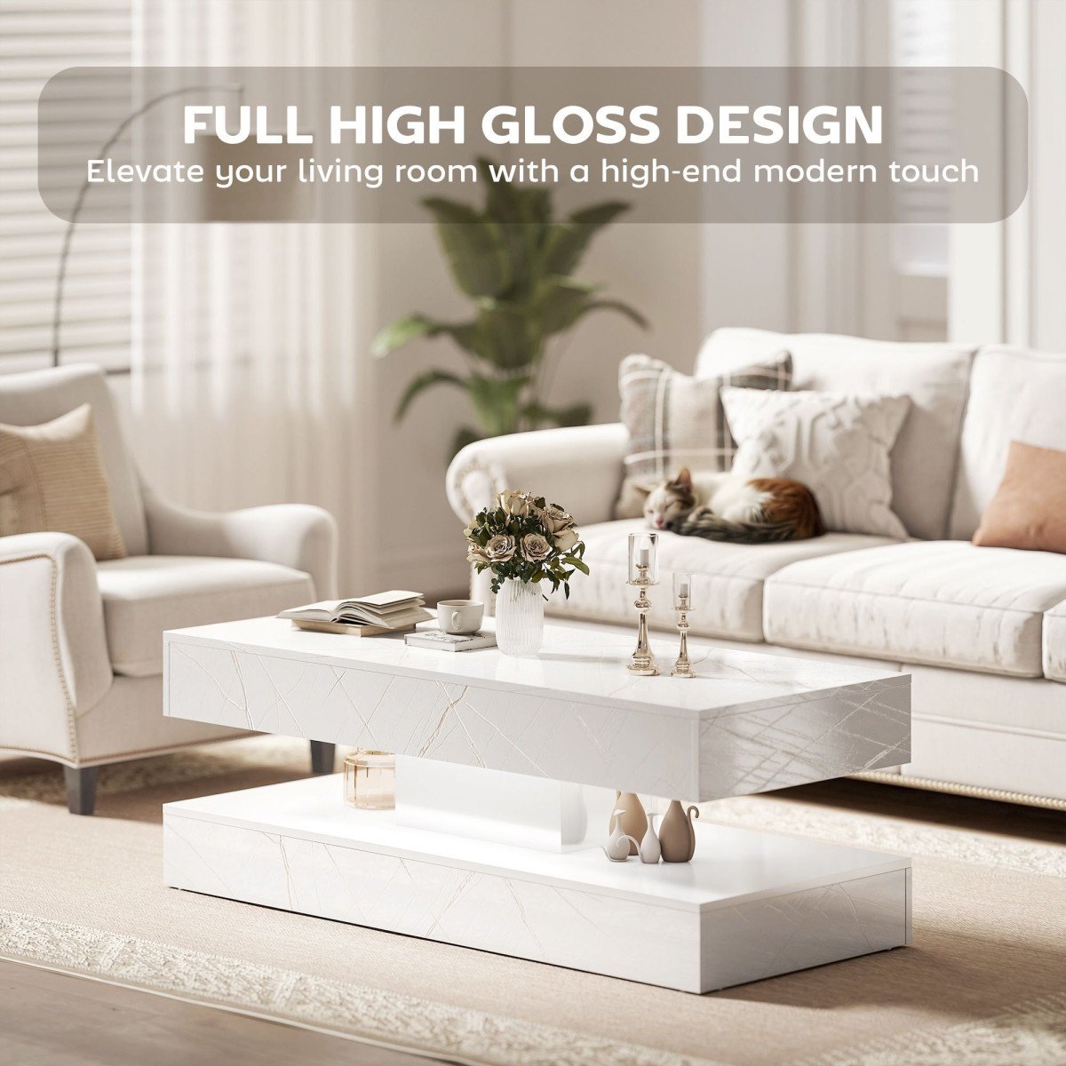 Coffee Table with Adjustable LED Lights, Center Table with 2 Drawers, Open Shelf, Remote, High Gloss Marble-Effect White