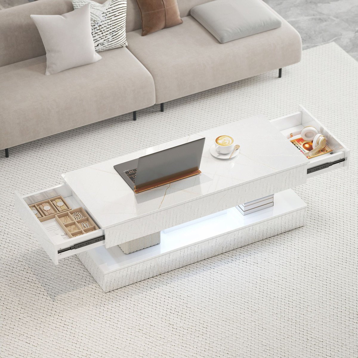 Coffee Table with Adjustable LED Lights, Center Table with 2 Drawers, Open Shelf, Remote, High Gloss Marble-Effect White