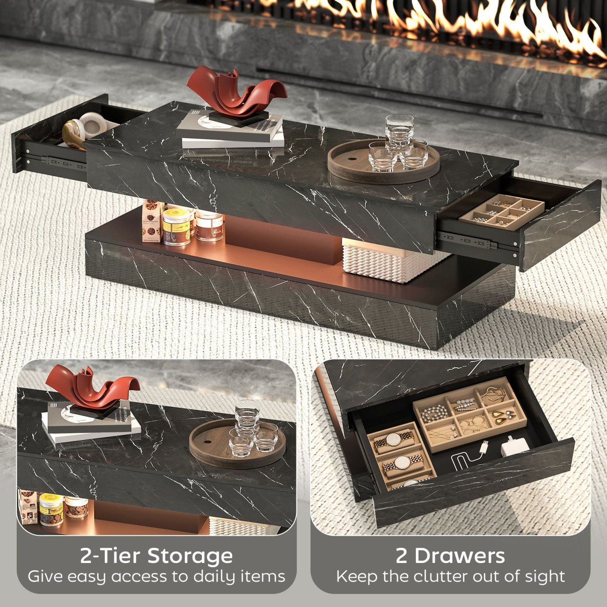Coffee Table with Adjustable LED Lights, Center Table with 2 Drawers, Open Shelf, Remote, High Gloss Marble-Effect Black