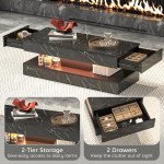 Coffee Table with Adjustable LED Lights, Center Table with 2 Drawers, Open Shelf, Remote, High Gloss Marble-Effect Black