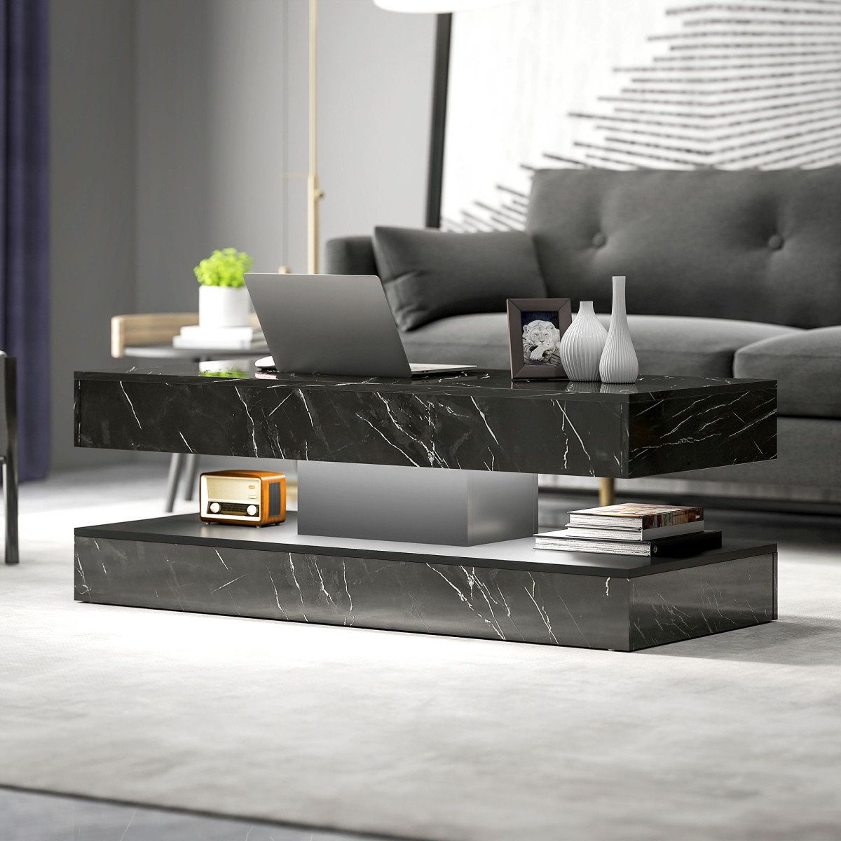 Coffee Table with Adjustable LED Lights, Center Table with 2 Drawers, Open Shelf, Remote, High Gloss Marble-Effect Black