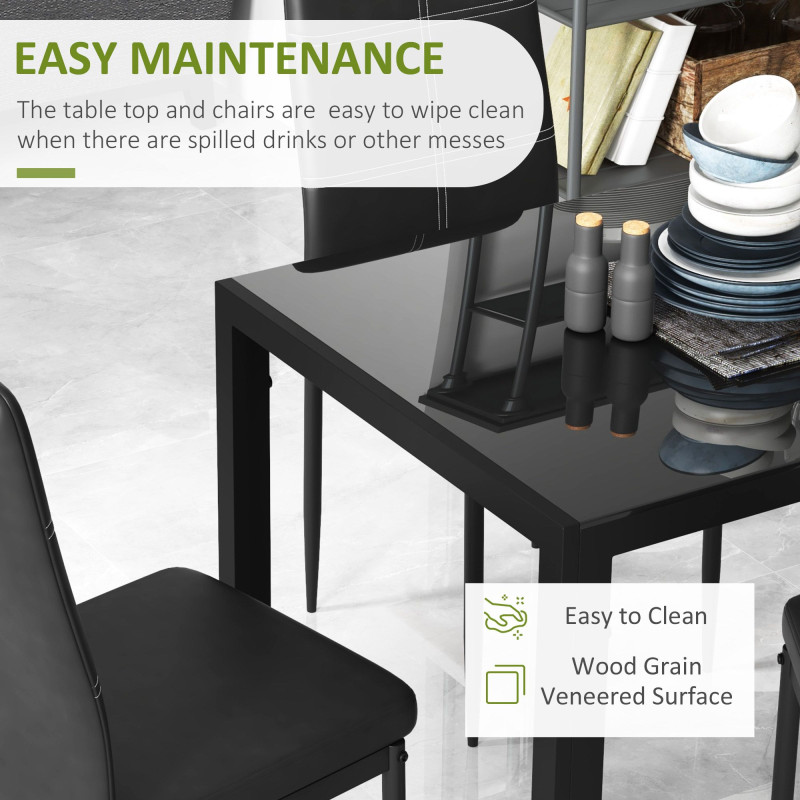 5-Piece Rectangular Glass Kitchen Table and Chairs with Metal Frame and Faux Leather Upholstery for Dining Room, Black