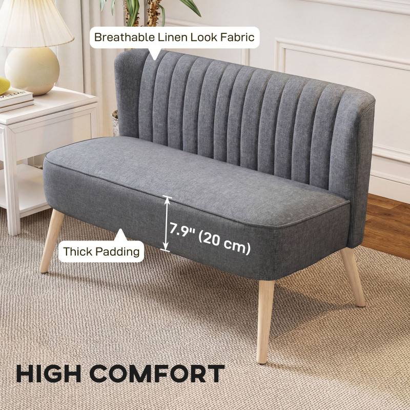 Modern 2 Seater Sofa, Upholstered Two Seater Couch with Rubber Wood Legs, Grey