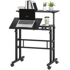 Mobile Stand Up Desk, Height & Angle Adjustable Computer Desk with Wheels for Standing or Sitting, Laptop Desk, Black