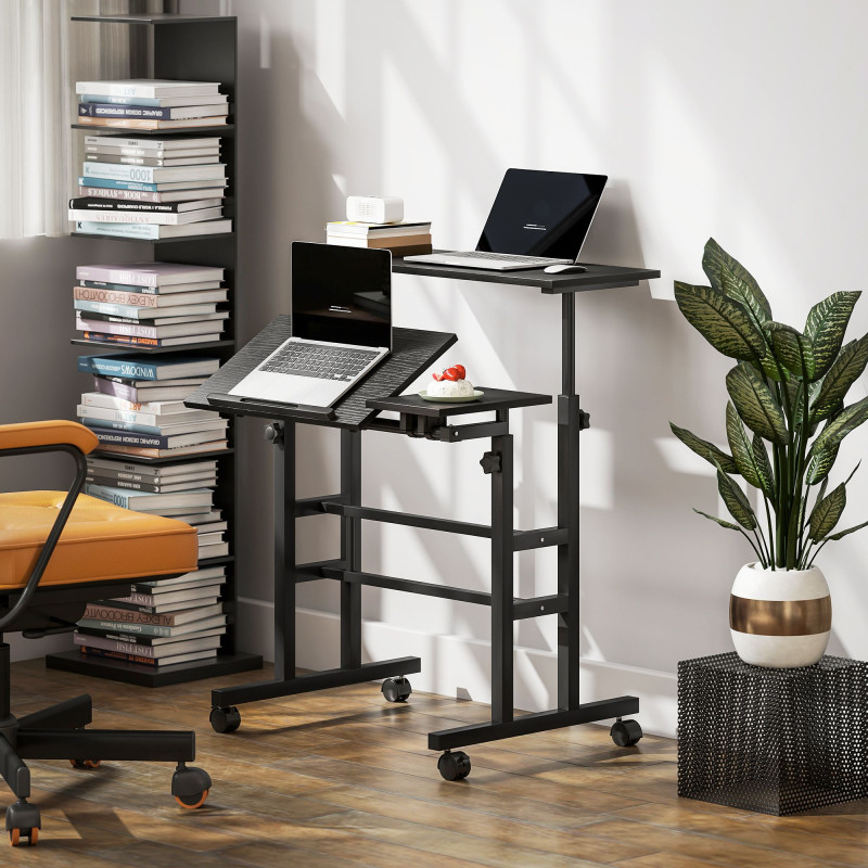 Mobile Stand Up Desk, Height & Angle Adjustable Computer Desk with Wheels for Standing or Sitting, Laptop Desk, Black