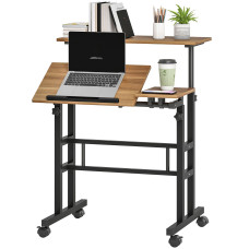 Mobile Stand Up Desk, Height & Angle Adjustable Computer Desk with Wheels for Standing or Sitting, Laptop Desk, Brown