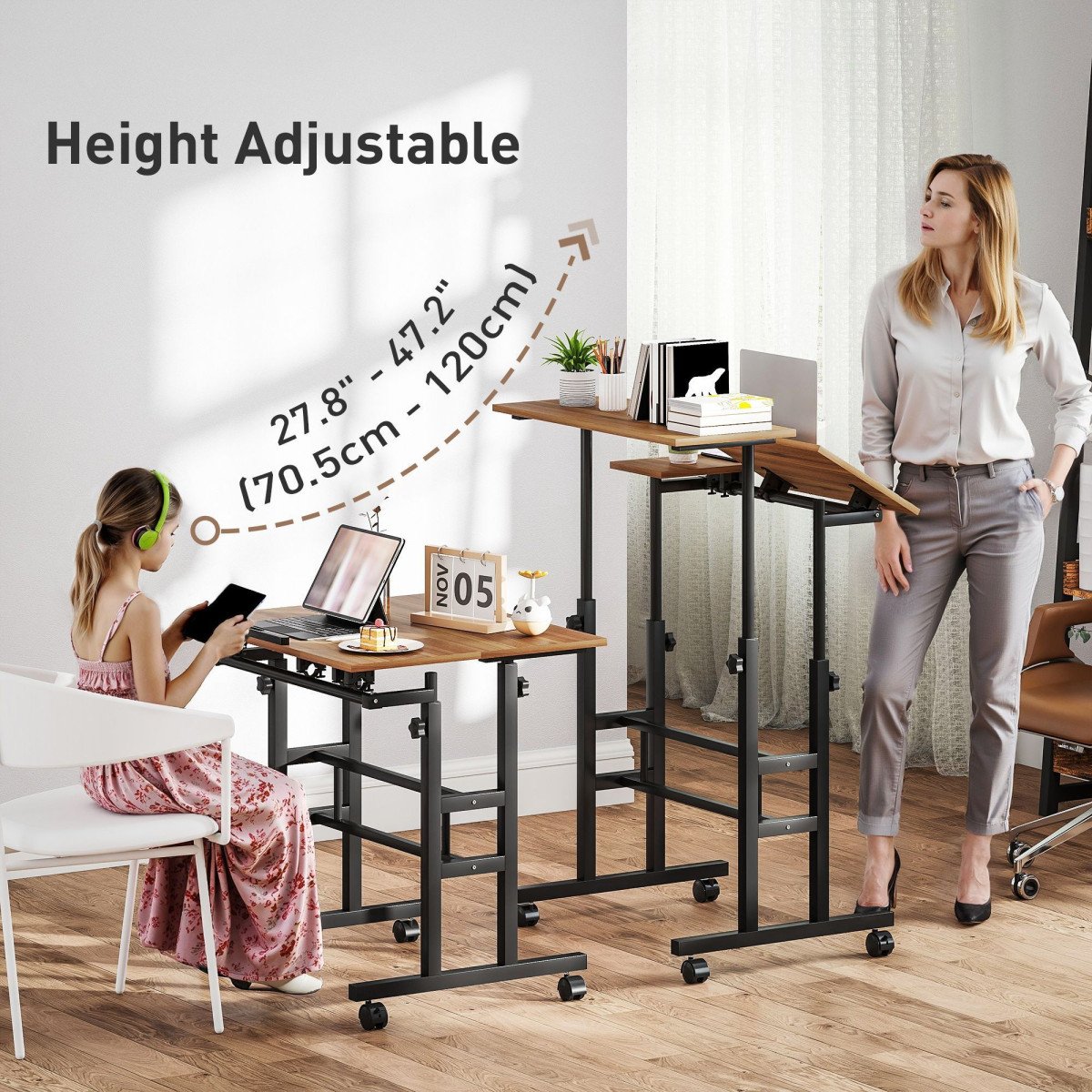 Mobile Stand Up Desk, Height & Angle Adjustable Computer Desk with Wheels for Standing or Sitting, Laptop Desk, Brown