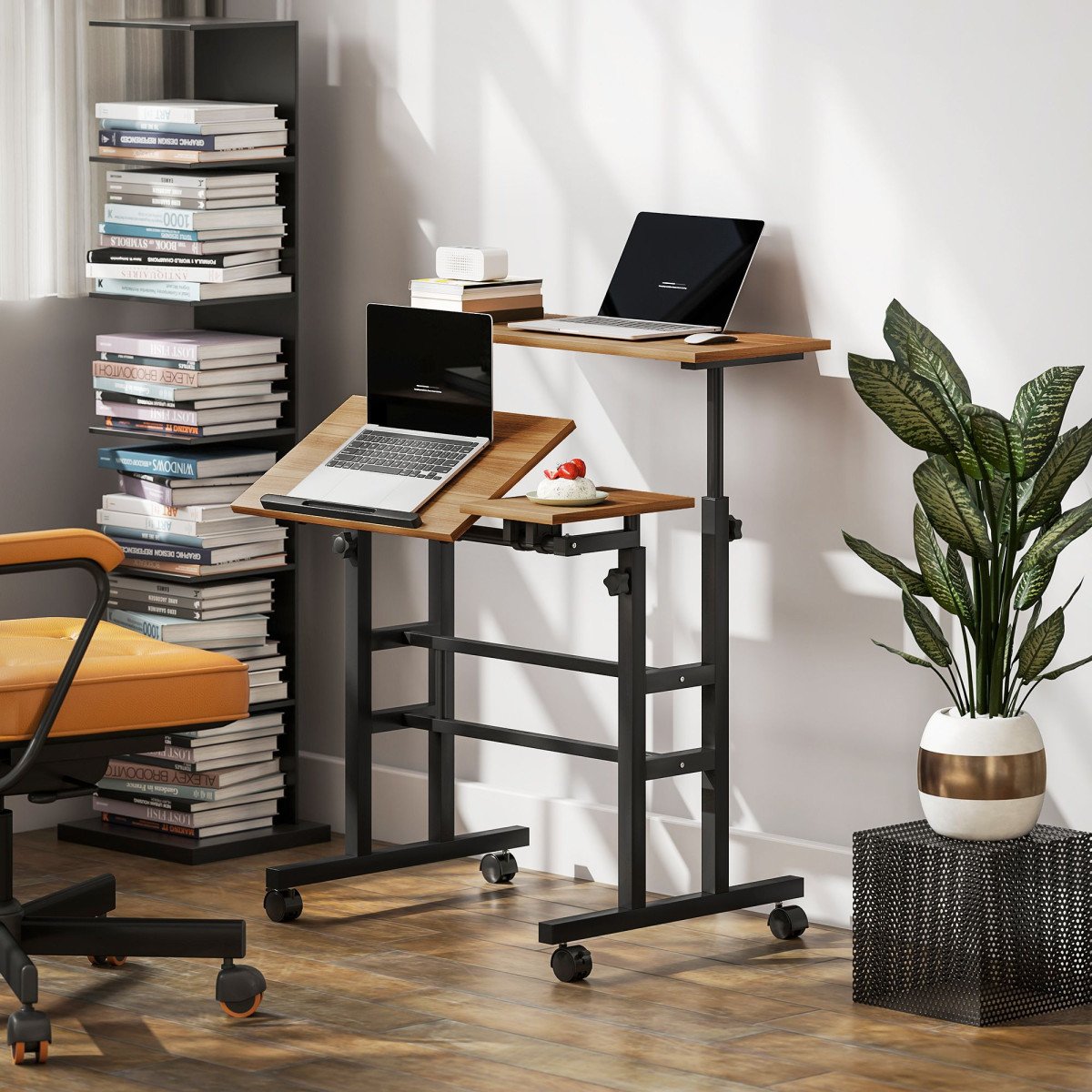 Mobile Stand Up Desk, Height & Angle Adjustable Computer Desk with Wheels for Standing or Sitting, Laptop Desk, Brown
