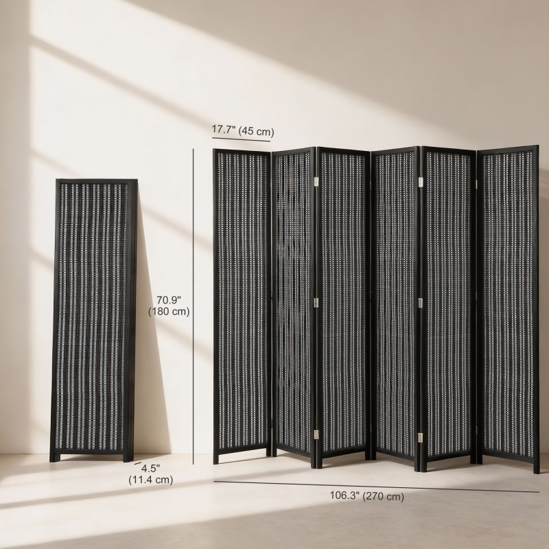 Folding Privacy Screen, 6 Panel Room Divider, Freestanding Partition with Handwoven Bamboo and Pine Wood Frame, Black