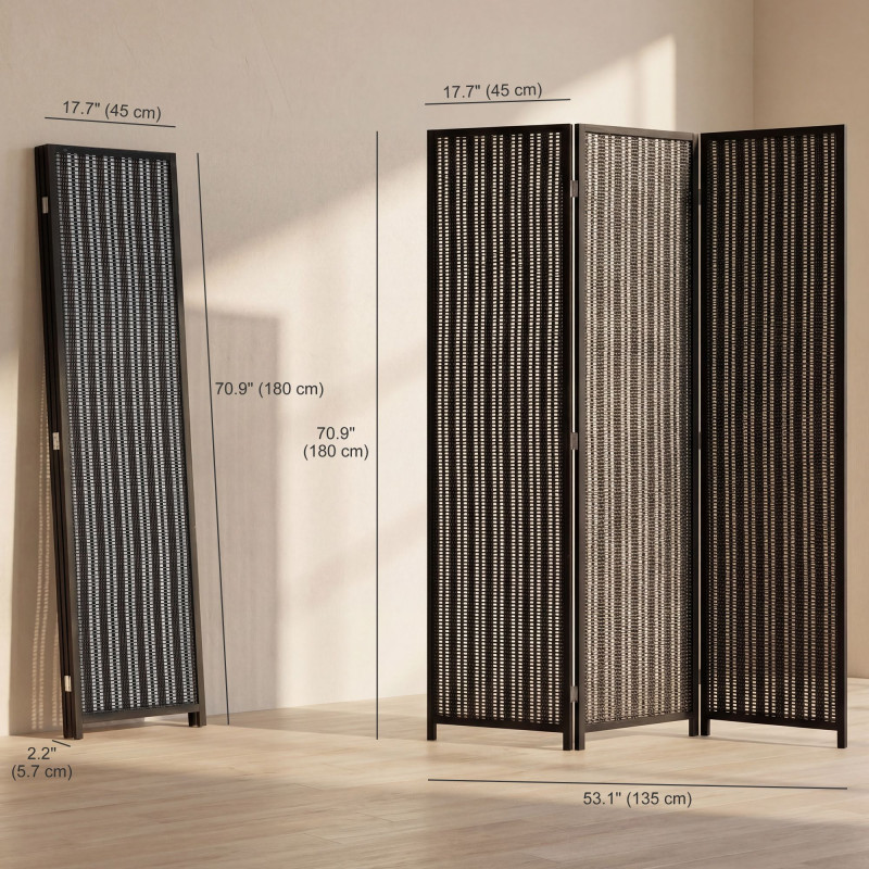Folding Privacy Screen, 3 Panel Room Divider, Freestanding Partition with Handwoven Bamboo and Pine Wood Frame, Black