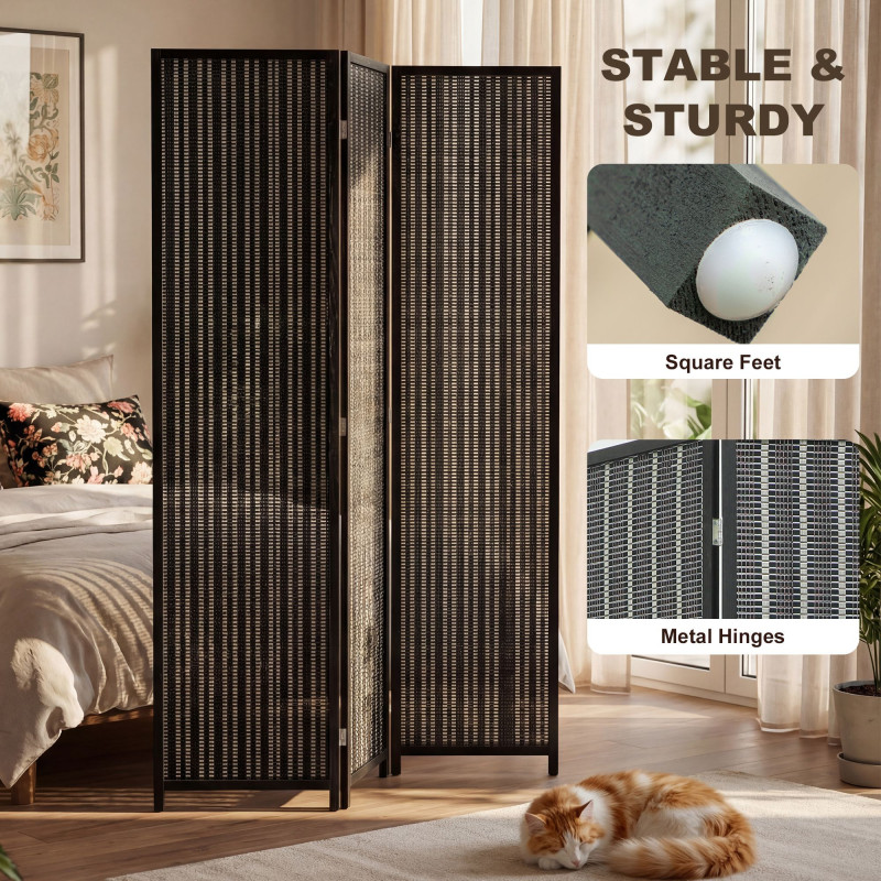 Folding Privacy Screen, 3 Panel Room Divider, Freestanding Partition with Handwoven Bamboo and Pine Wood Frame, Black