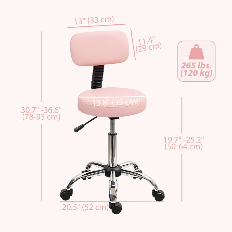 Adjustable Rolling Stool with Removable Backrest, Faux Leather Swivel Stool Chair for Salon Spa, Bar, Massage, Pink