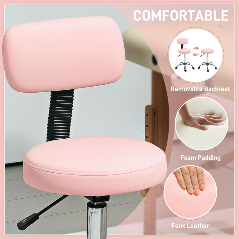 Adjustable Rolling Stool with Removable Backrest, Faux Leather Swivel Stool Chair for Salon Spa, Bar, Massage, Pink