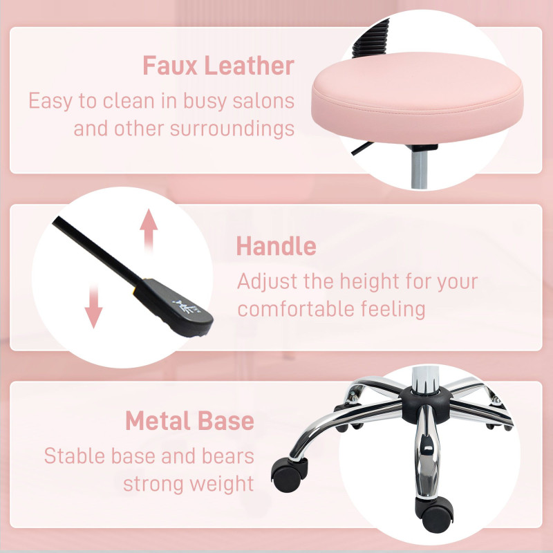 Adjustable Rolling Stool with Removable Backrest, Faux Leather Swivel Stool Chair for Salon Spa, Bar, Massage, Pink