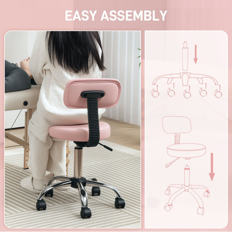 Adjustable Rolling Stool with Removable Backrest, Faux Leather Swivel Stool Chair for Salon Spa, Bar, Massage, Pink